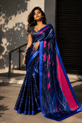 Royal Blue and Black Satin Blend Saree with Neon Pink Accents