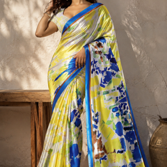 Vibrant Yellow and Royal Blue Abstract Printed Satin Saree