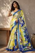 Vibrant Yellow and Royal Blue Abstract Printed Satin Saree
