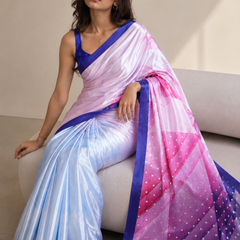 Lavender and Ice Blue Geometric Printed Satin Saree