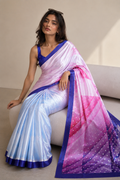 Lavender and Ice Blue Geometric Printed Satin Saree