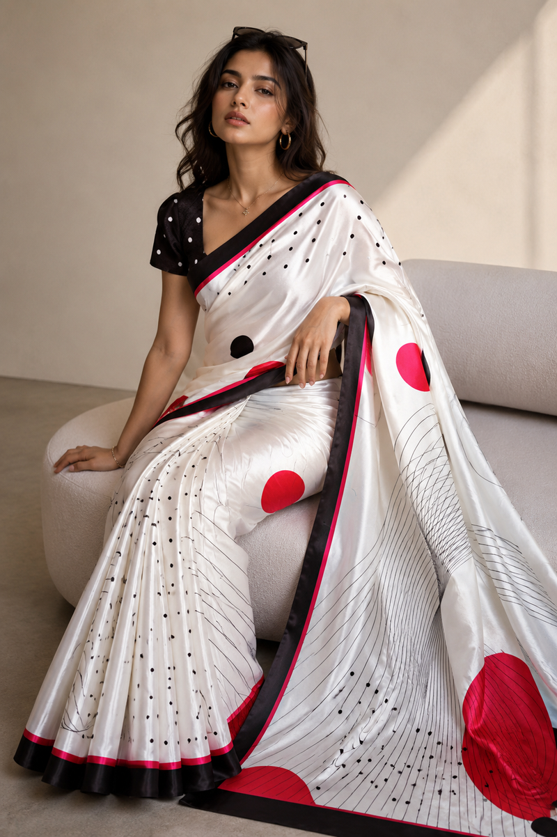 Off-White Satin Blend Saree with Red Polka Dots & Abstract Prints
