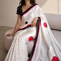 Off-White Satin Blend Saree with Red Polka Dots & Abstract Prints