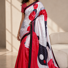 White, Red and Black Abstract Geometric Satin Saree