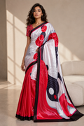 White, Red and Black Abstract Geometric Satin Saree