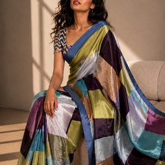 Multicolor Geometric Color-Block Satin Blend Saree