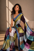 Multicolor Geometric Color-Block Satin Blend Saree