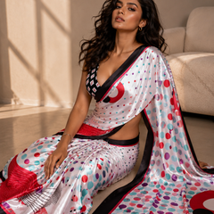 Off-White Satin Blend Saree with Multicolor Polka Dots & Red Accents