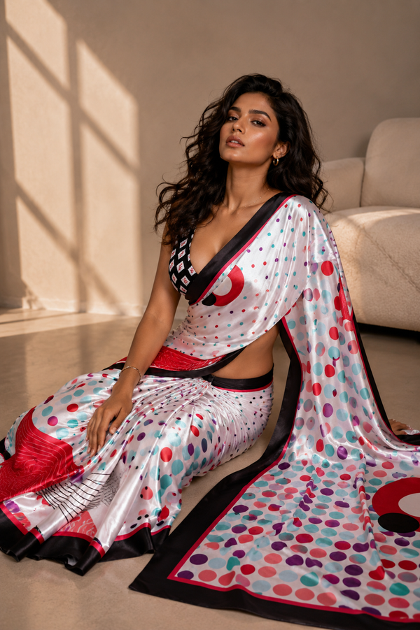 Off-White Satin Blend Saree with Multicolor Polka Dots & Red Accents