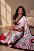 Off-White Satin Blend Saree with Multicolor Polka Dots & Red Accents