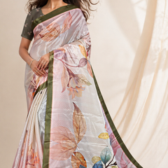 Elegant Pastel Floral Chiffon Silk Saree with Olive Border