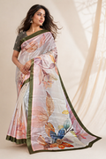 Elegant Pastel Floral Chiffon Silk Saree with Olive Border