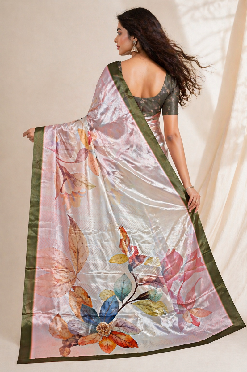 Elegant Pastel Floral Chiffon Silk Saree with Olive Border