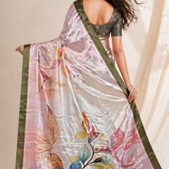 Elegant Pastel Floral Chiffon Silk Saree with Olive Border