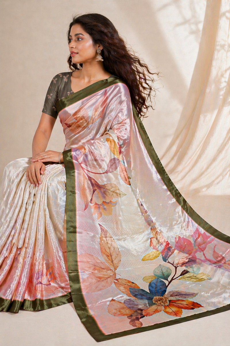 Elegant Pastel Floral Chiffon Silk Saree with Olive Border