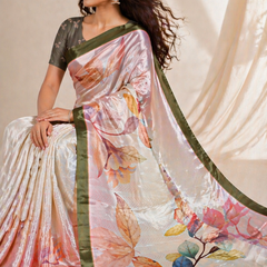 Elegant Pastel Floral Chiffon Silk Saree with Olive Border