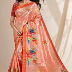 Vibrant Peach Feather Print Chiffon Silk Saree