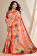 Vibrant Peach Feather Print Chiffon Silk Saree