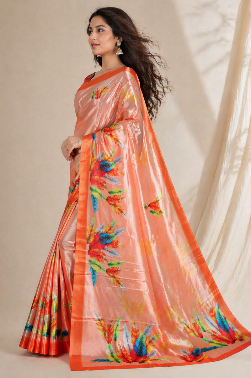 Vibrant Peach Feather Print Chiffon Silk Saree