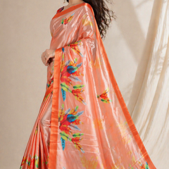 Vibrant Peach Feather Print Chiffon Silk Saree