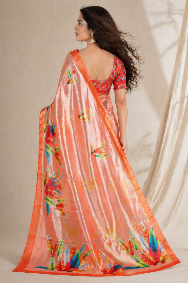 Vibrant Peach Feather Print Chiffon Silk Saree