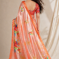 Vibrant Peach Feather Print Chiffon Silk Saree