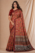 Royal Maroon Floral Printed Silk Saree With Traditional Elephant Border