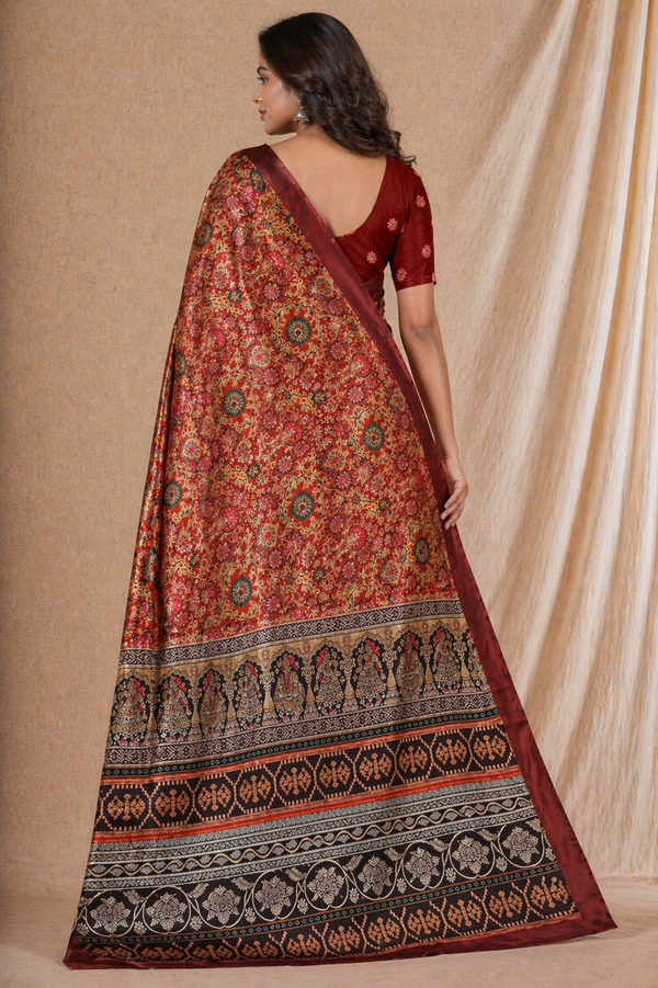 Royal Maroon Floral Printed Silk Saree With Traditional Elephant Border
