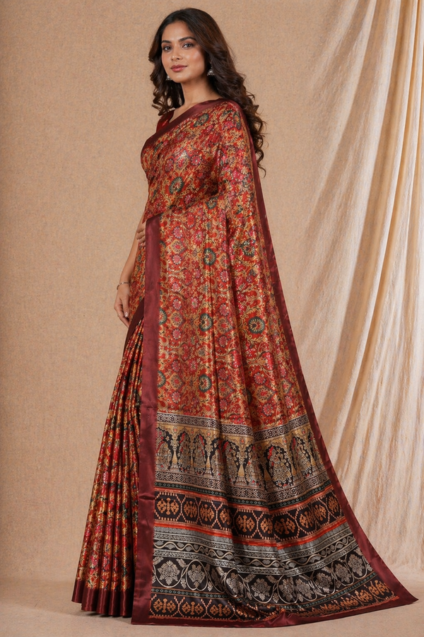 Royal Maroon Floral Printed Silk Saree With Traditional Elephant Border