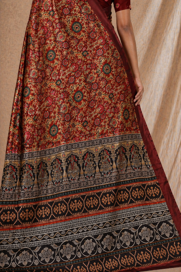 Royal Maroon Floral Printed Silk Saree With Traditional Elephant Border