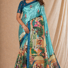 Sea Green Silk Saree With Traditional Palace & Cultural Print