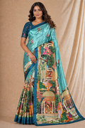Sea Green Silk Saree With Traditional Palace & Cultural Print