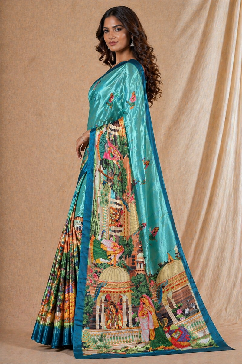 Sea Green Silk Saree With Traditional Palace & Cultural Print