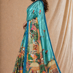 Sea Green Silk Saree With Traditional Palace & Cultural Print
