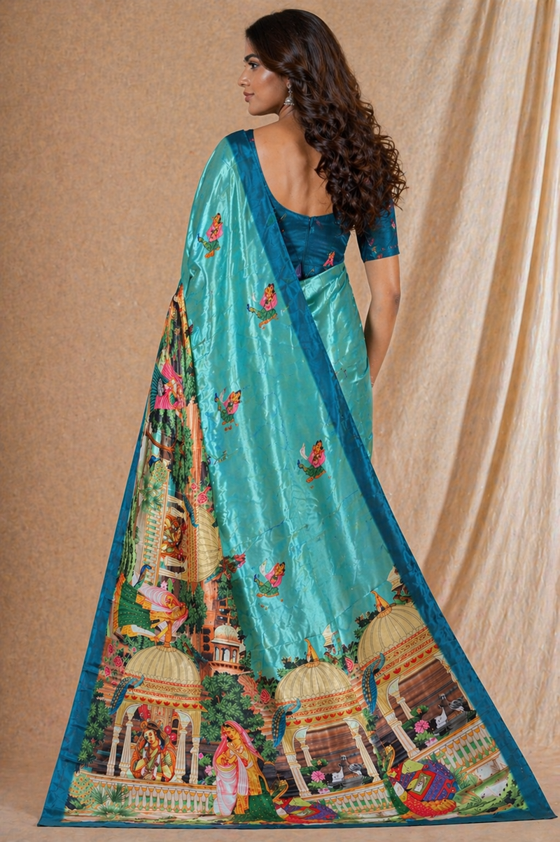 Sea Green Silk Saree With Traditional Palace & Cultural Print