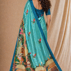 Sea Green Silk Saree With Traditional Palace & Cultural Print