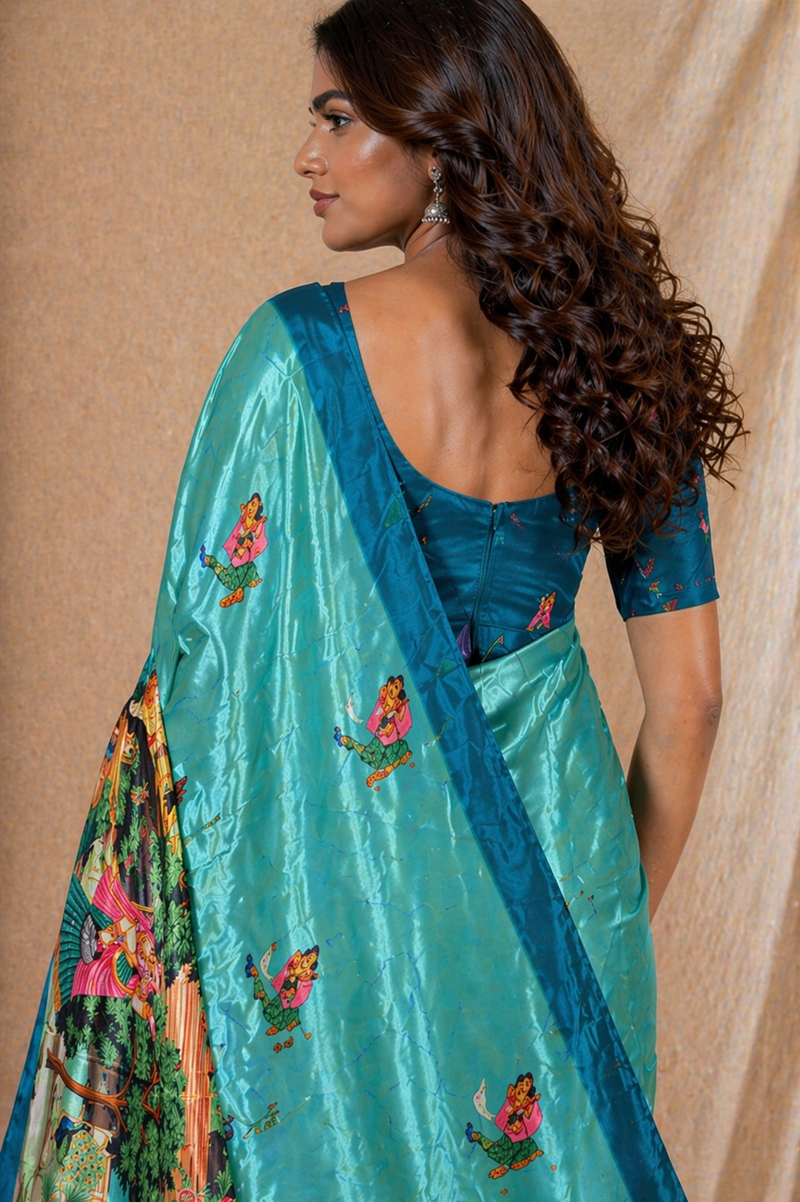 Sea Green Silk Saree With Traditional Palace & Cultural Print
