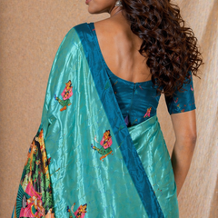 Sea Green Silk Saree With Traditional Palace & Cultural Print