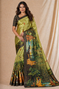 Elegant Olive Green Silk Saree With Nature & Cultural Scenic Print