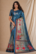 Teal Blue Traditional Printed Silk Saree With Cultural Motifs