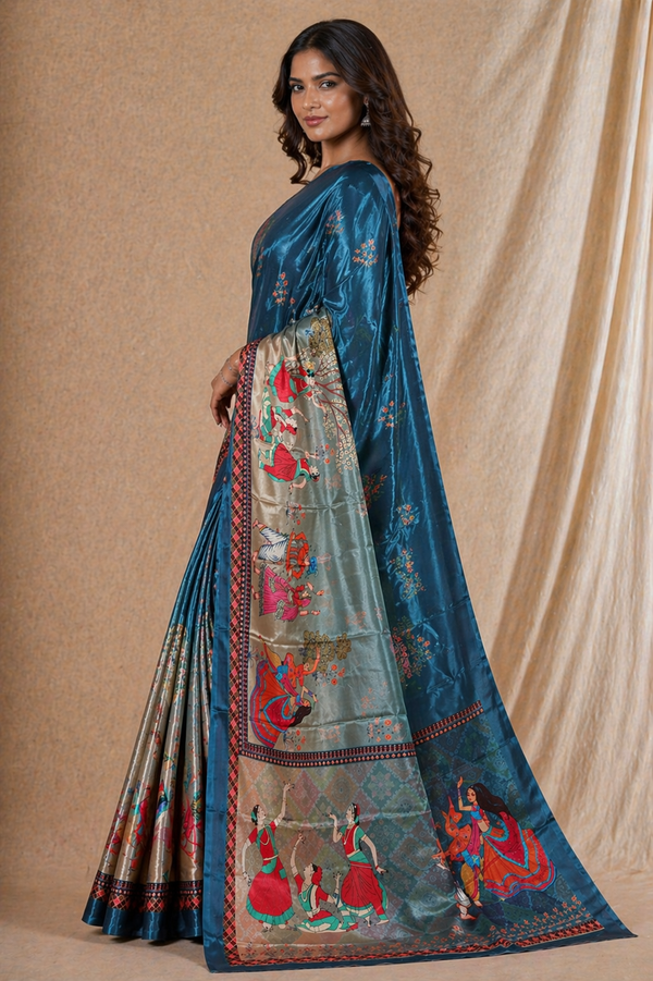 Teal Blue Traditional Printed Silk Saree With Cultural Motifs