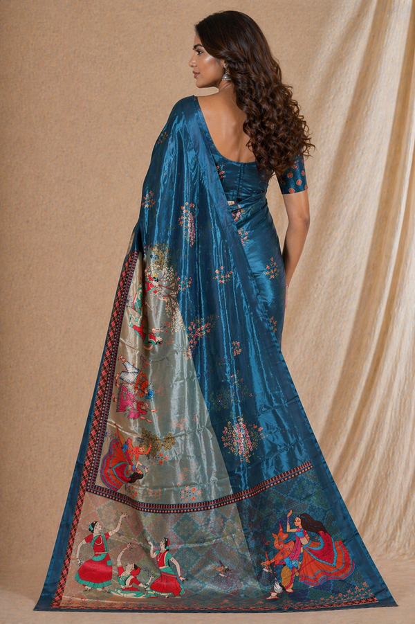 Teal Blue Traditional Printed Silk Saree With Cultural Motifs