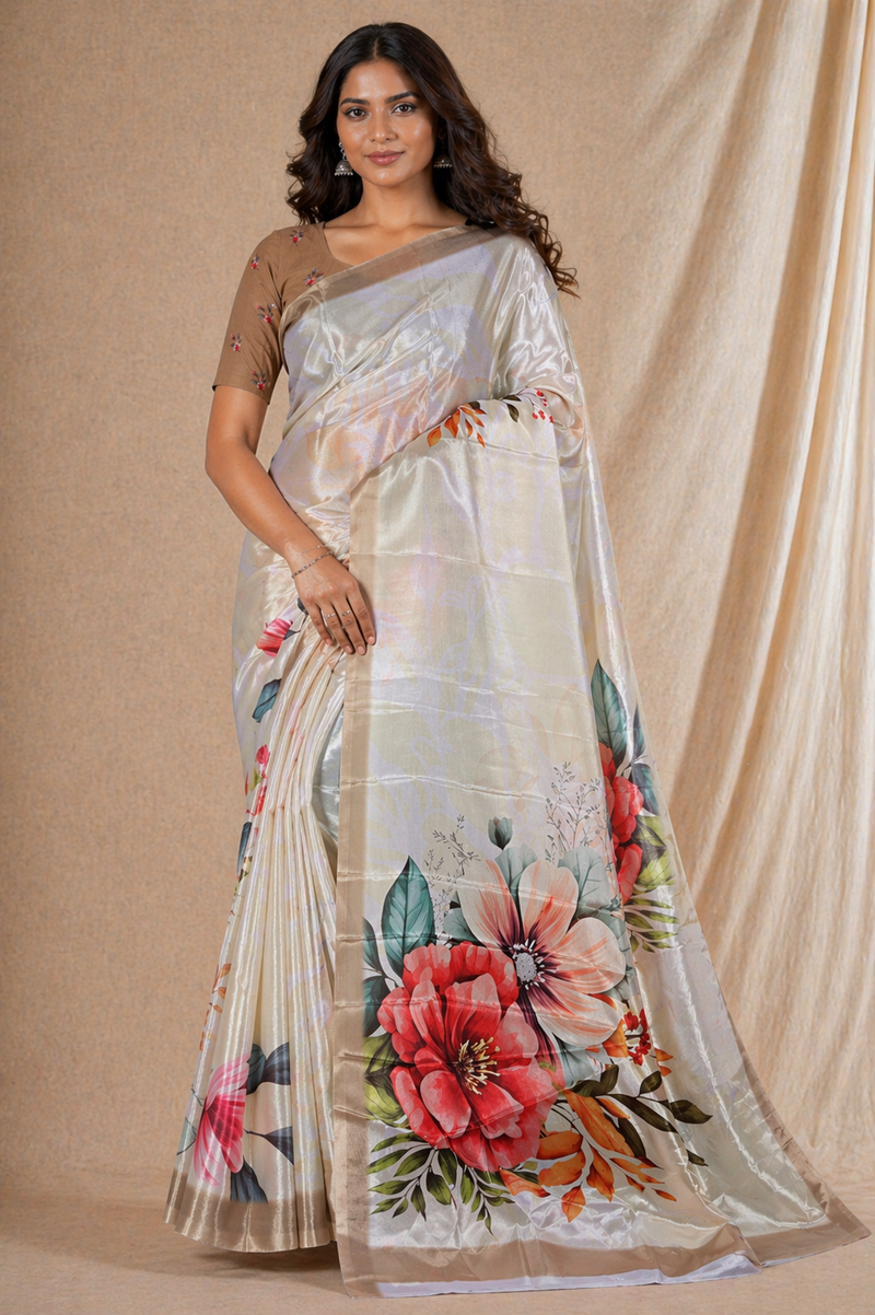 Cream Floral Printed Silk Saree With Beige Border