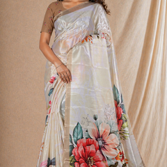 Cream Floral Printed Silk Saree With Beige Border