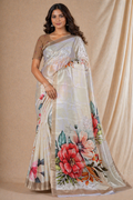 Cream Floral Printed Silk Saree With Beige Border