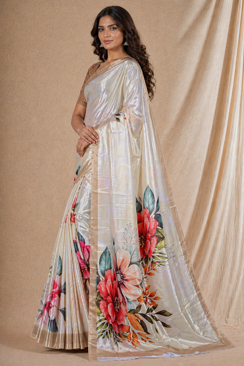 Cream Floral Printed Silk Saree With Beige Border