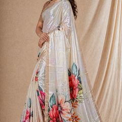 Cream Floral Printed Silk Saree With Beige Border