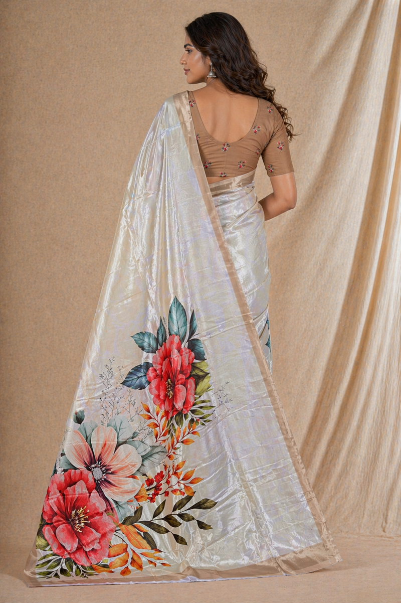 Cream Floral Printed Silk Saree With Beige Border