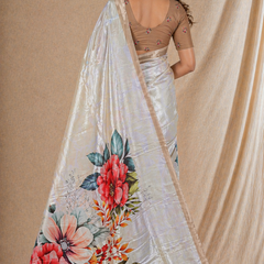 Cream Floral Printed Silk Saree With Beige Border