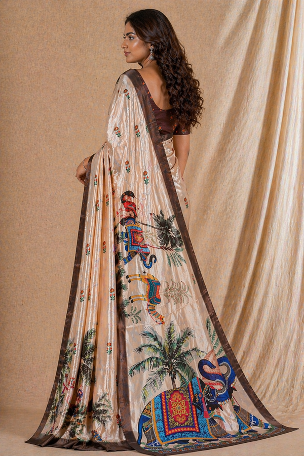 Beige Elephant Printed Silk Saree With Brown Border